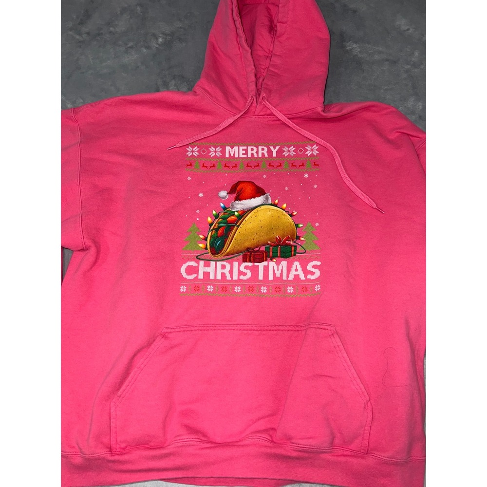 Gildan Pink Merry Christmas Taco Ugly Sweater Hoodie Mens 2XL Graphic Pullover